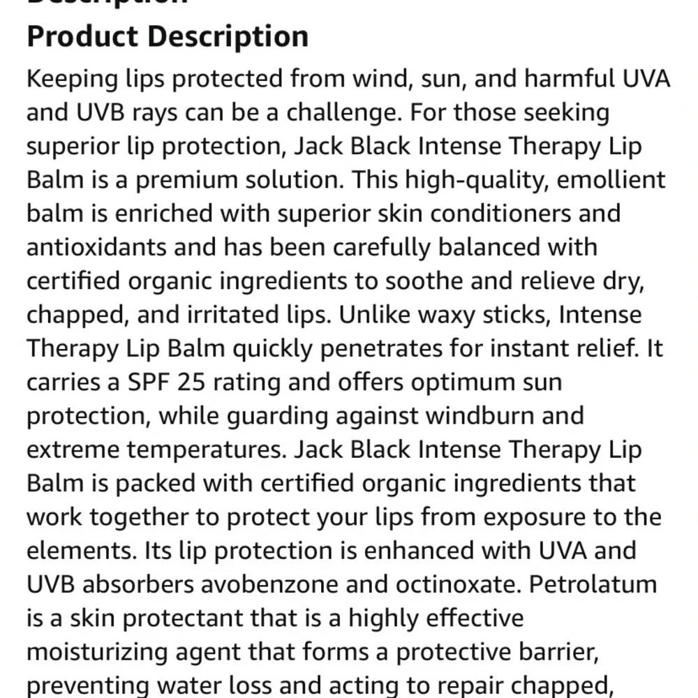 Jack Black Intense Therapy Lip Balm Natural Mint and Avocado Oil SPF 25